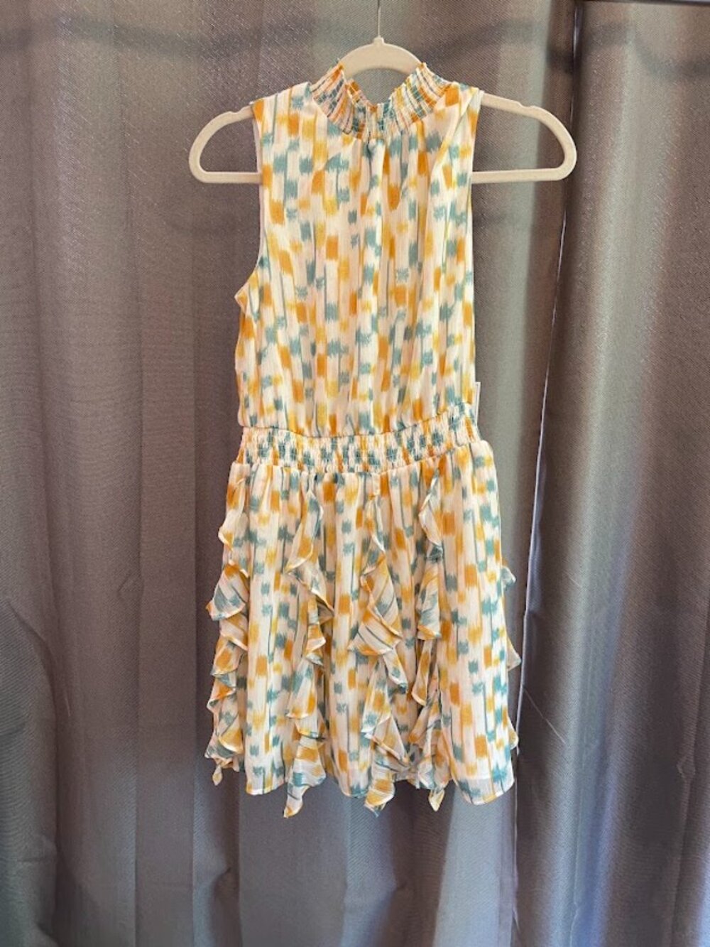 1. State White Abstract Size SMALL Sleeveless High Neck Ruffle Mini Dress NWT